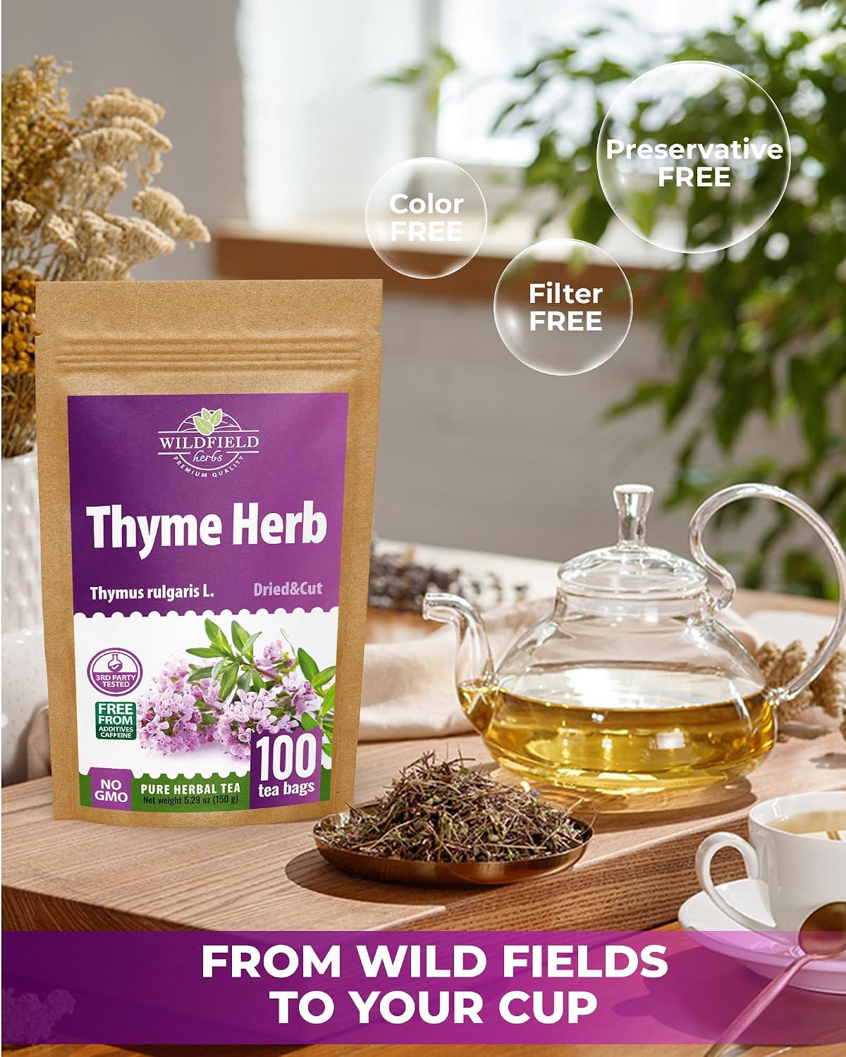 100 Bags Thyme Tea Thyme Leaves Tyme Herb Tea (Thymus Serpyllum) - 100 Count 1.5 g Bags Tomillo