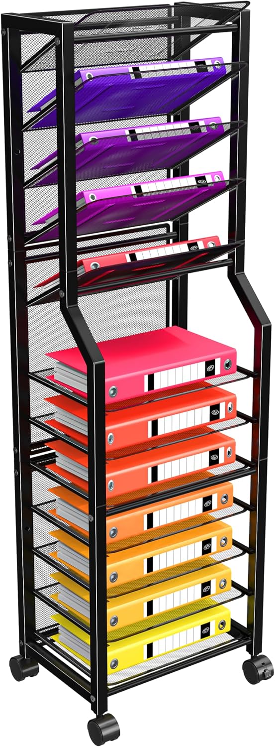 Simple Trending 12-Tier Rolling File Cart, Desk File Organizer with 11 Mesh Sliding Trays, Letter & Legal Paper Storage Rolling Utility Cart for Office Home School, Black