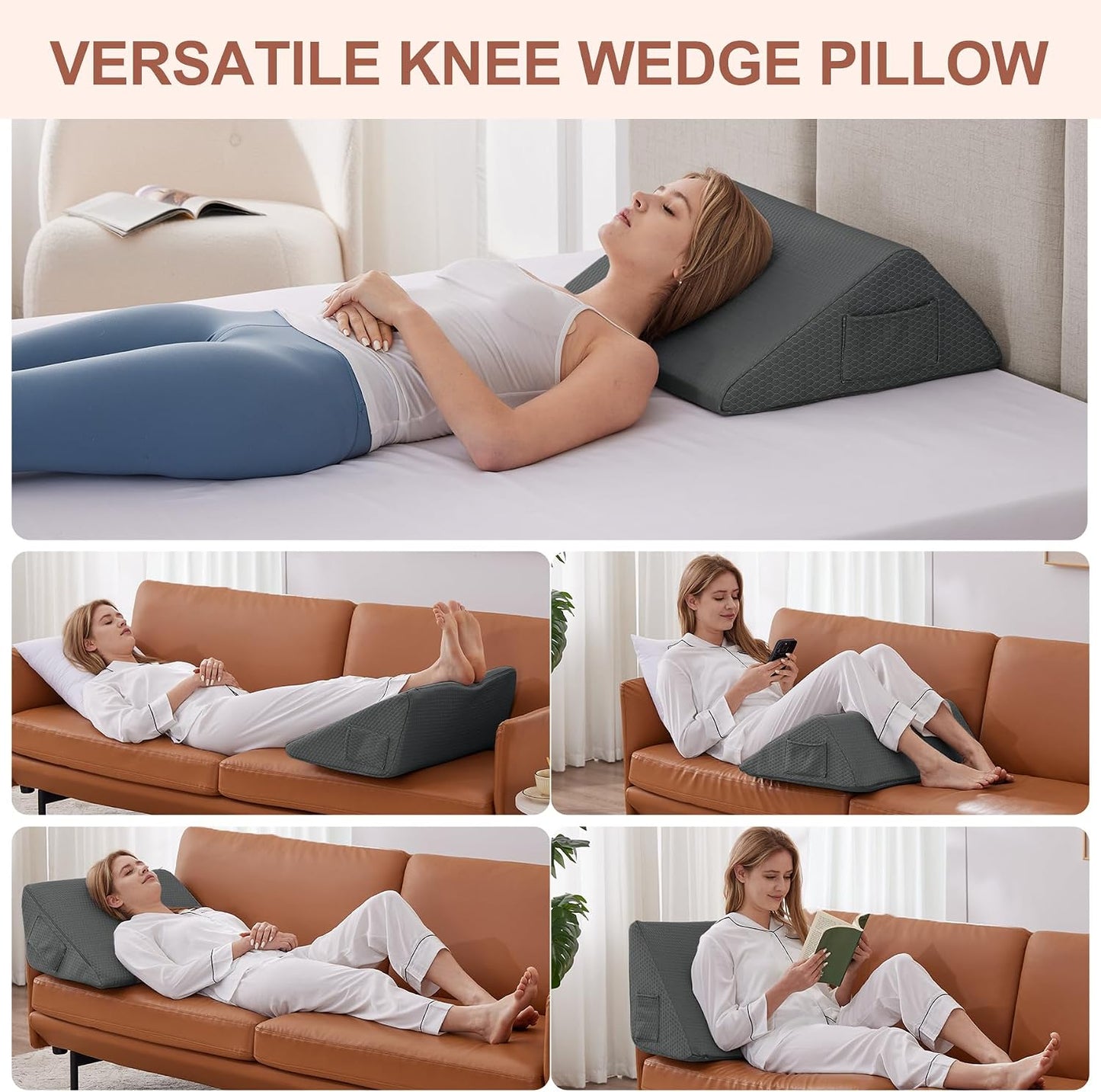 Bedluxe Knee Pillow for Back Sleeping, Leg Pillow Knee Wedge Pillow, Memory Foam Wedge Pillows for Legs Post Surgery, Triangle Pillow for Knee Support, Leg Elevation, Knees Hip Back Pain Relief, White
