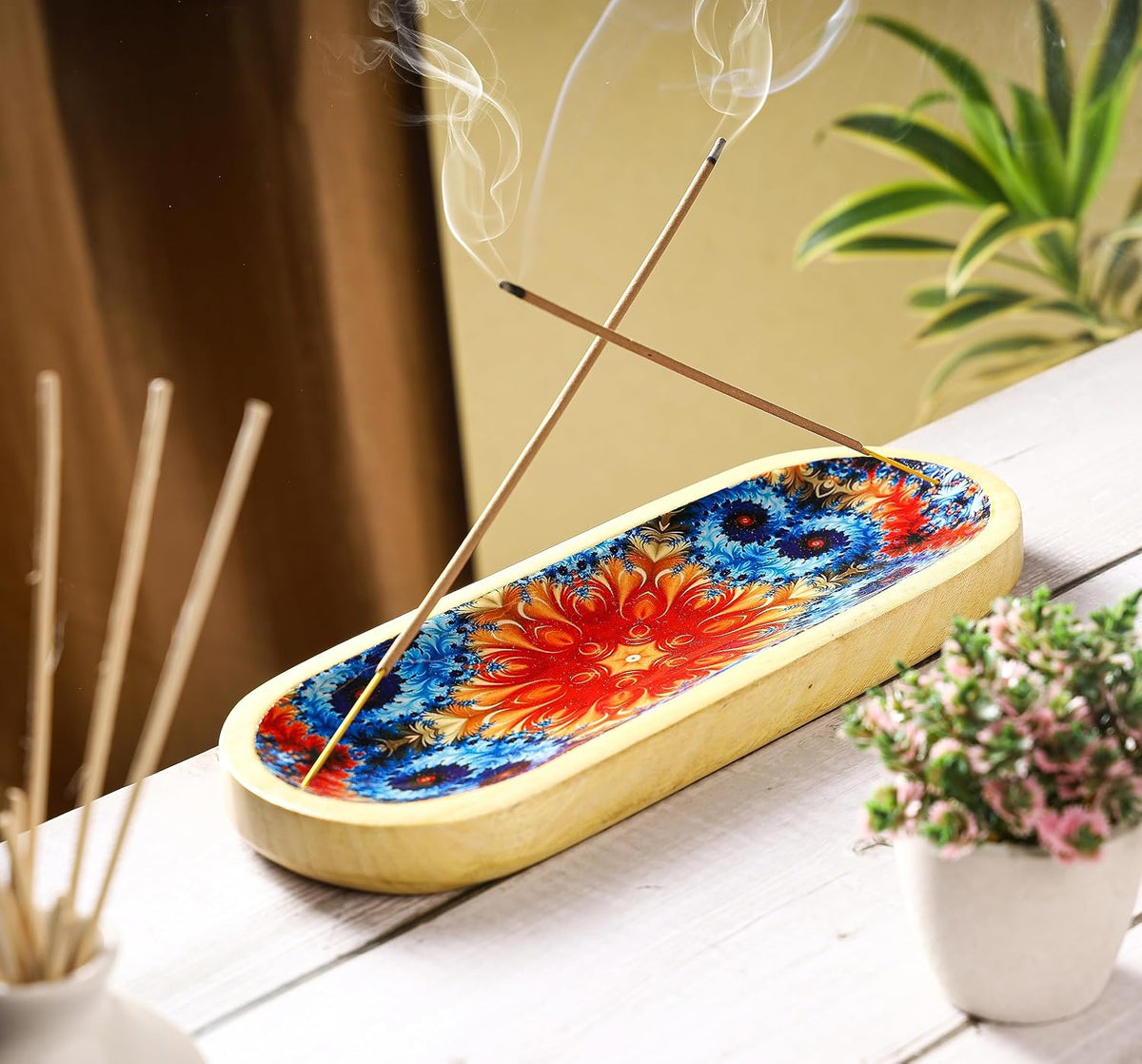 Bless-International Traditional-Handmade-Tray-Burner Wooden-Trat-Incense-Stick-Holder Ash-Catcher-Stand for-Aromatherapy-Meditation-Yoga 11x4x1.22 Inches (Wooden Tray)