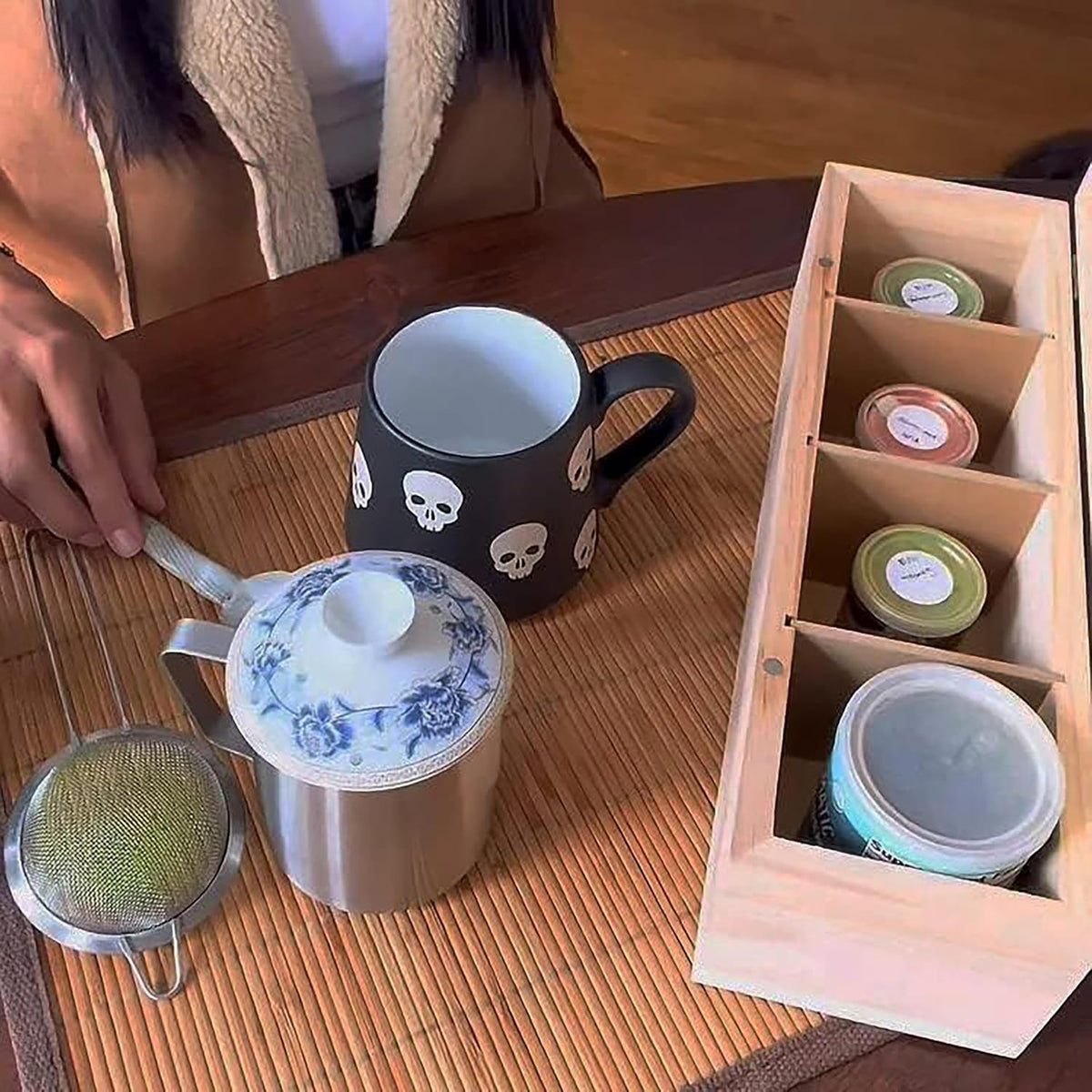 Tea Organizer Box Food Safe Chemical Free Bamboo Wood Storage Chest Big, Tall, Adjustable Cubbies (8-Slot 14.3" x 8.1" x 4.2" with TEA print design)
