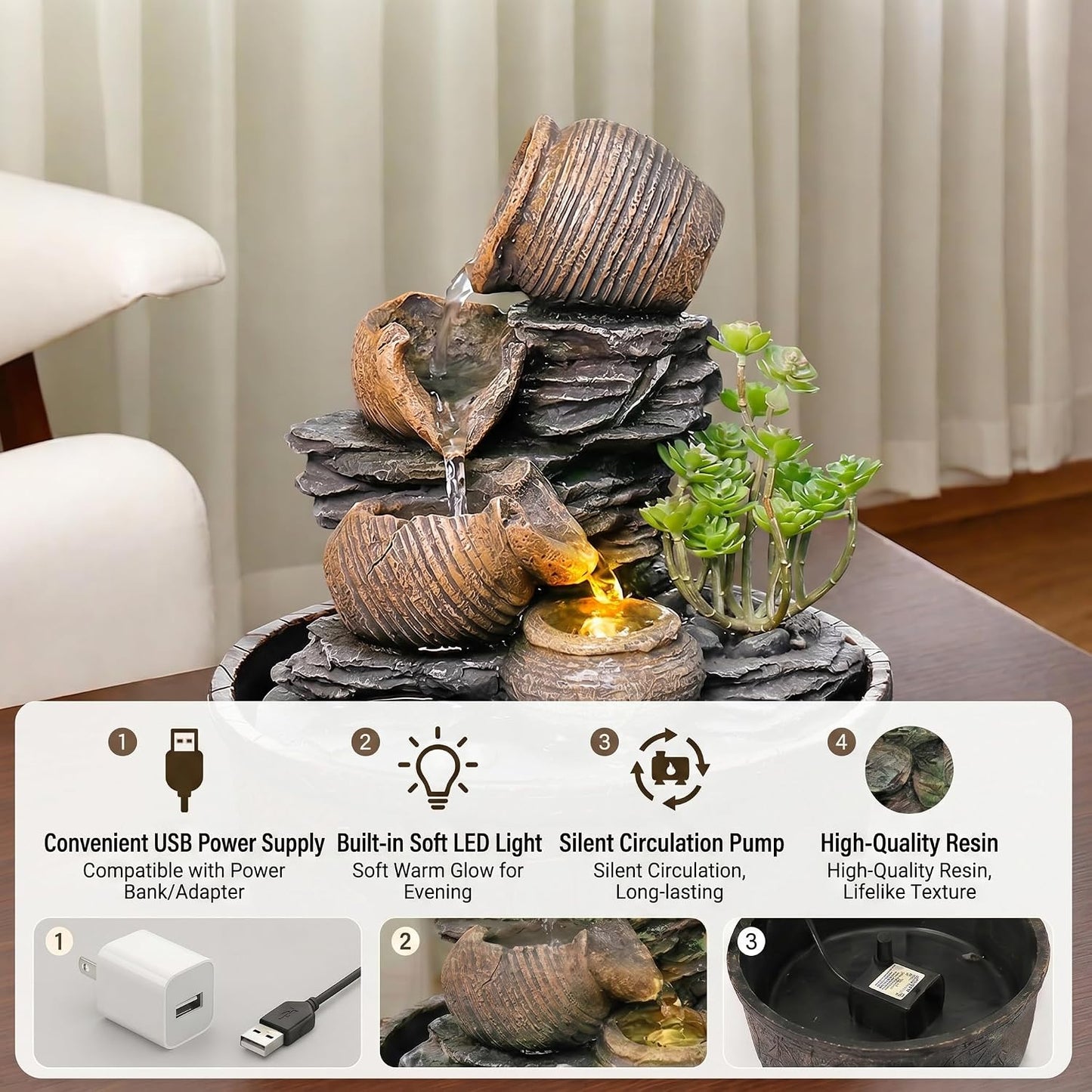 Indoor Waterfall Tabletop Fountain with LED Lights,Zen Water
