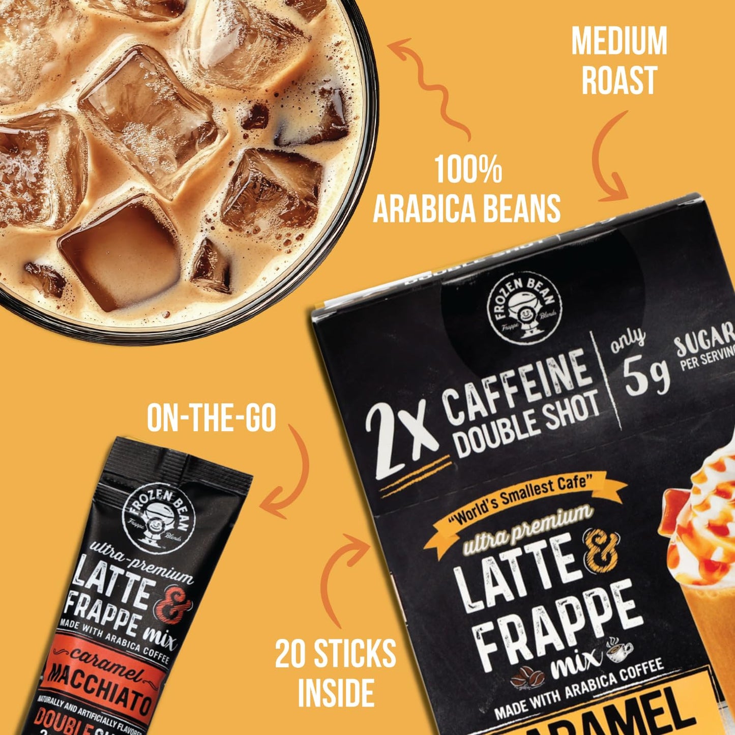 The Frozen Bean Vanilla Bean Frappe & Latte Instant Mix (10 Sticks), Made with Arabica Coffee, Double Shot Caffeine, Low Sugar & Premium Ingredients, Hot, Iced, or Blended Drinks