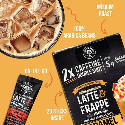 The Frozen Bean Vanilla Bean Frappe & Latte Instant Mix (10 Sticks), Made with Arabica Coffee, Double Shot Caffeine, Low Sugar & Premium Ingredients, Hot, Iced, or Blended Drinks