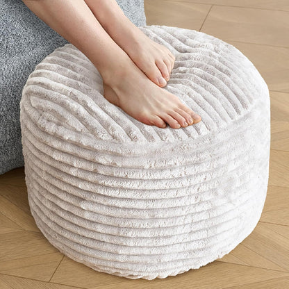 SHOUREN Stuffed Round Ottoman,Corduroy Pouf Ottoman Foot Rest with Foam Filling,Pouf Storage Ottoman Footstool for Living Room,20 X 15 Floor Poufs for Couch,Footrest Only - 20 X 15 Inches,Beige