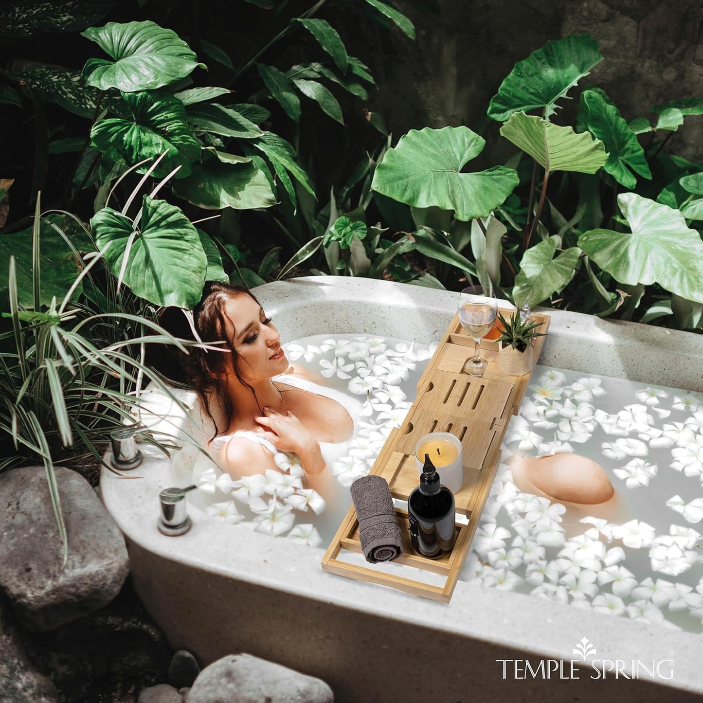 Temple Spring Bamboo Bathtub Tray Caddy for Tub — Expandable Wood Bath Tray with Solid Book Stand Wine Holder and Non-Slip Pads — Includes Bamboo Soap Dish and Spa Accessories — Luxury Bath Gift Set