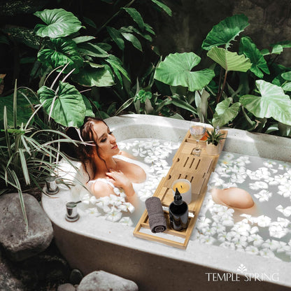 Temple Spring Bamboo Bathtub Tray Caddy for Tub — Expandable Wood Bath Tray with Solid Book Stand Wine Holder and Non-Slip Pads — Includes Bamboo Soap Dish and Spa Accessories — Luxury Bath Gift Set