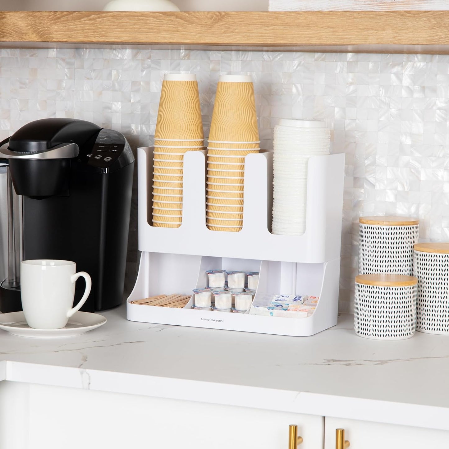 Mind Reader Condiment Station, 13 Inch Countertop Coffee Bar Organizer with 6 Compartments, Storage Caddy for Cups, Lids and Packets, Plastic, Black