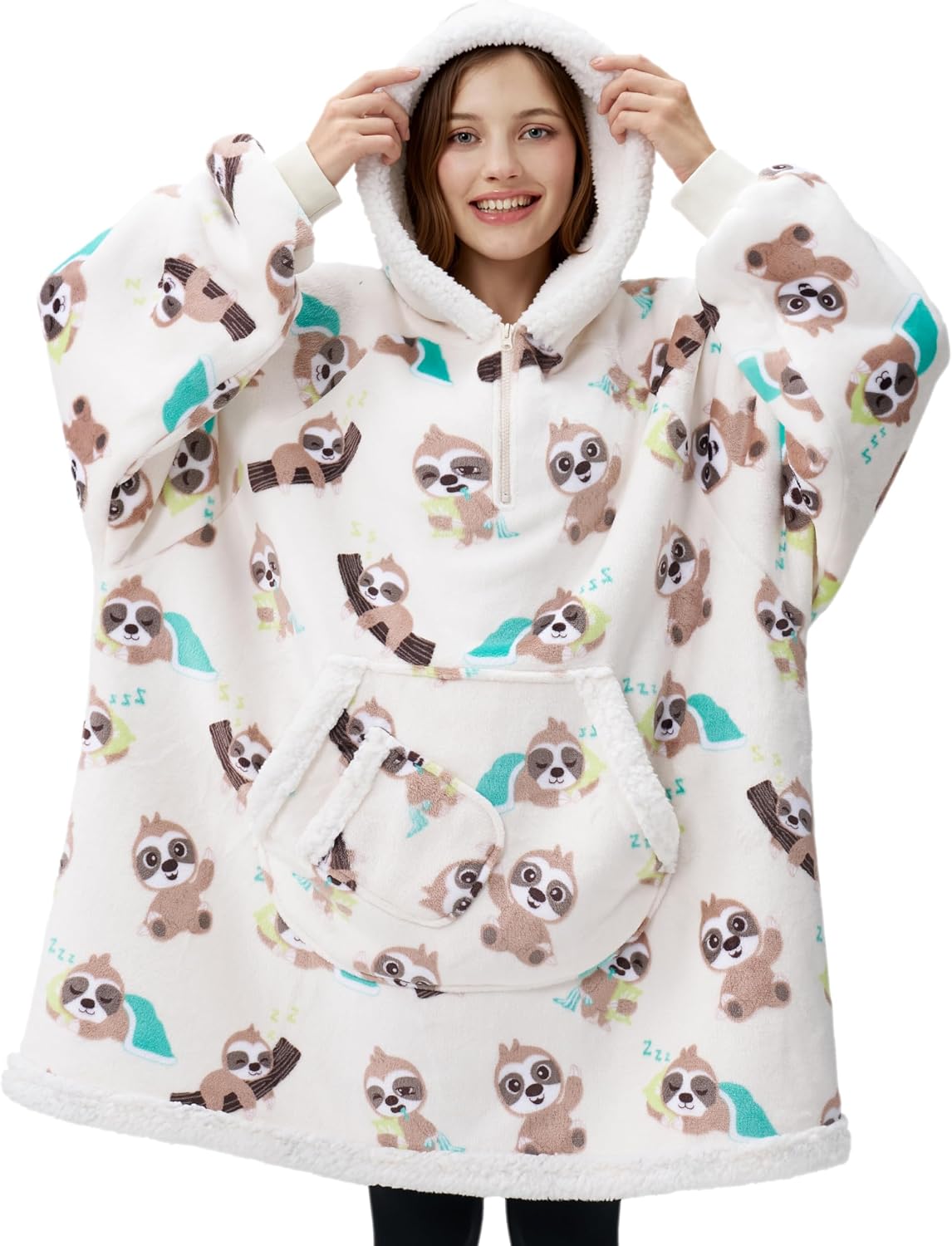 Giggling Getup Wearable Blanket Hoodie for Adults Gifts for Teen Girls Sister Women Sherpa Fleece Printed Hooded Blanket Sweatshirt Warm Cozy with Pocket & Sleeves Beige Cat