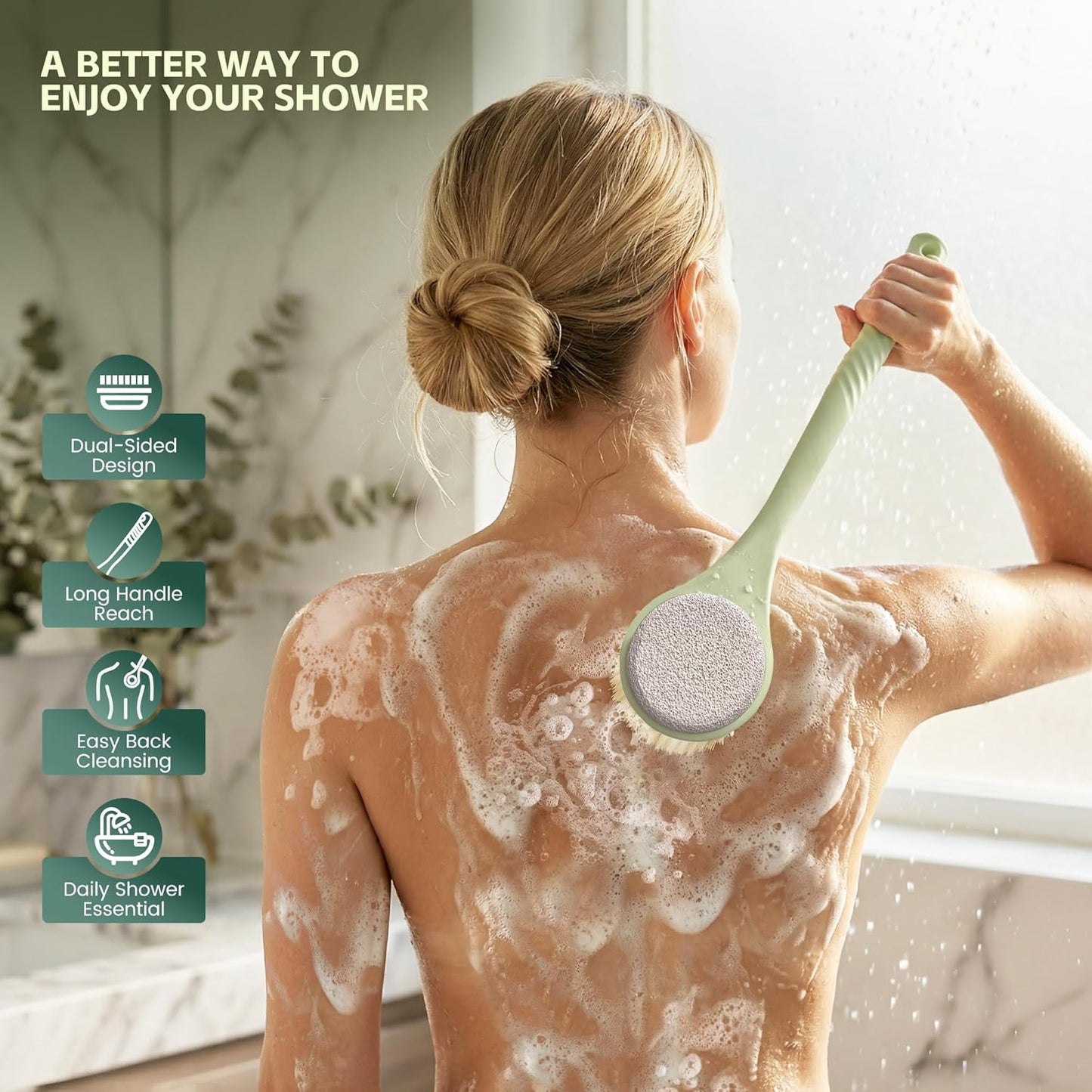 Back Scrubber for Shower, 15.7" Loofah with Handle, Back Shower Brush with Bristles and Loofah, Dry Brushing Body Brush for Cleanse Back and Hard to Reach Areas with Curved Long Handle