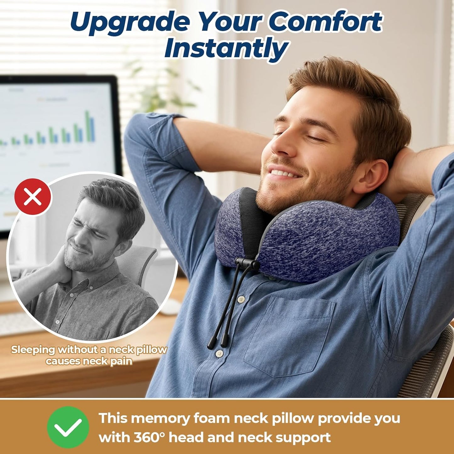 ExploreBliss Travel Pillow, Travel Pillows for Sleeping Airplane, Neck Pillow Airplane, Memory Foam Neck Pillow Set with Eye Mask, Earplugs and Storage Bag -Grey