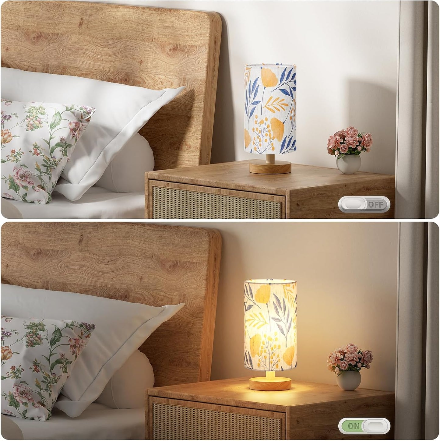 Fenmzee Small Table Lamp for Bedroom - Inline Control, Bedside Lamp with 3000K A15 LED Blub, Easy Assembly (Cream Shade - Wood Base, 9" Inline Control)