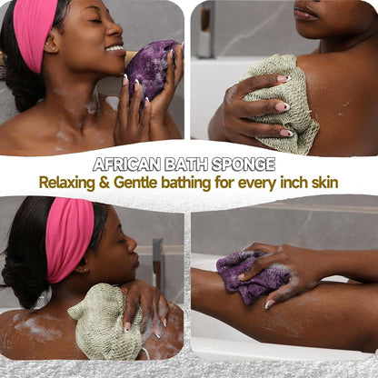 SubSahara Authentic African Net Sponge - 2 Pack Exfoliating Bath & Shower Loofah Sponge for Body & Face, Gentle Scrubber for All Skin Types, Travel, Durable Polyester (Olive Green & Light Green)