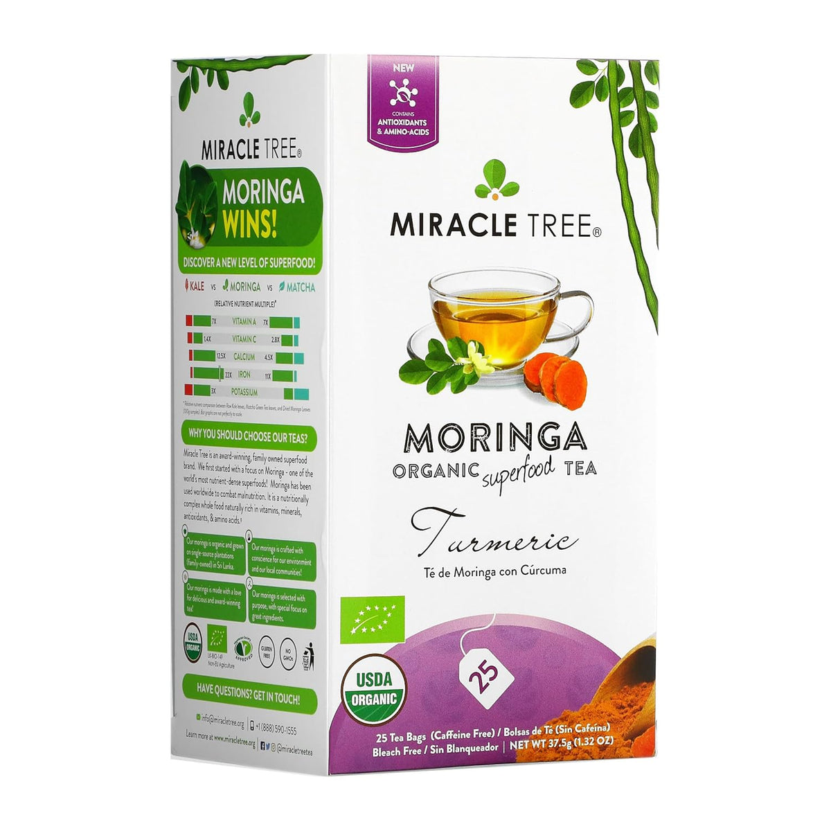 Miracle Tree Organic Moringa Tea, Turmeric, Caffeine-Free, 25 Bags