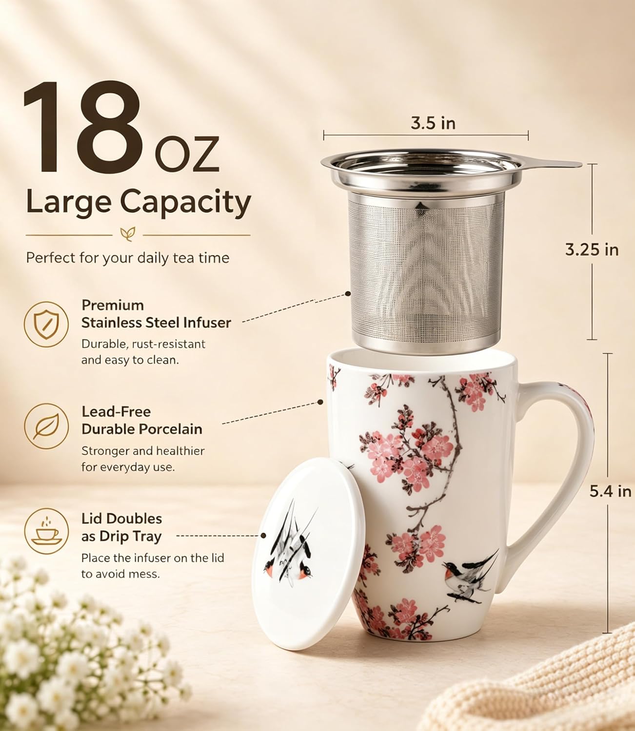 AmorArc 18oz Porcelain Tea Mug with Infuser & Lid, Loose Leaf Tea Cup with Stainless Steel Strainer, Large Coffee Mug Gift for Women, Tea Lovers, Home & Office