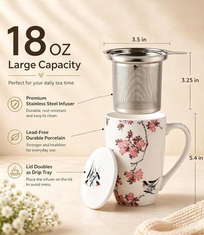 AmorArc 18oz Porcelain Tea Mug with Infuser & Lid, Loose Leaf Tea Cup with Stainless Steel Strainer, Large Coffee Mug Gift for Women, Tea Lovers, Home & Office
