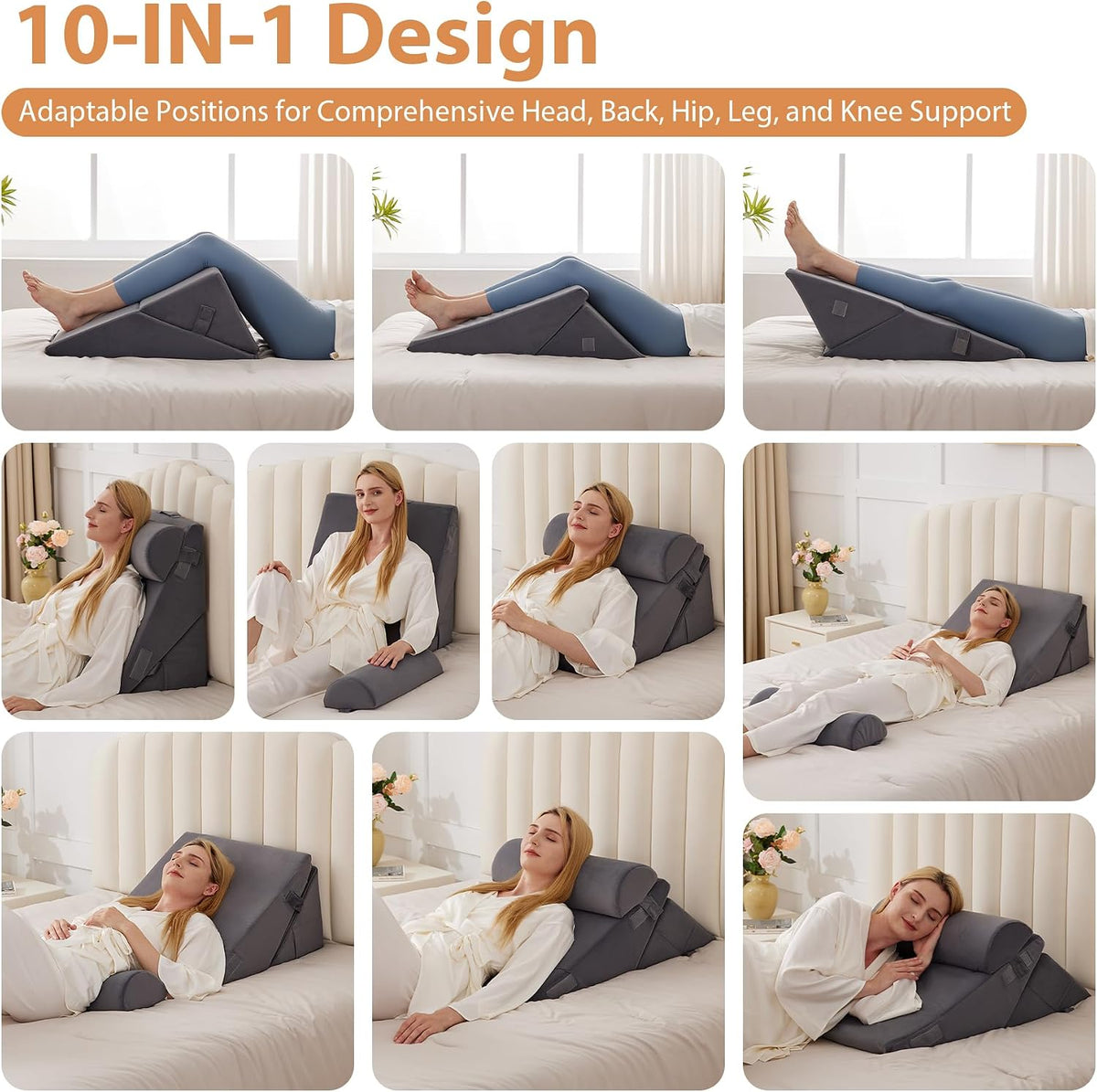 BIEEZZK Wedge Pillow Set for After Surgery, Wedge Pillow for Acid Reflux, Bed Wedge Pillow with Adjustable 9&12inch for Headboard,Sleeping, Orthopedic Memory Foam for Neck&Back Support, White/Grey