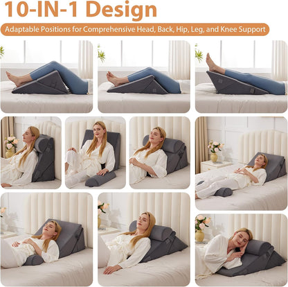 BIEEZZK Wedge Pillow Set for After Surgery, Wedge Pillow for Acid Reflux, Bed Wedge Pillow with Adjustable 9&12inch for Headboard,Sleeping, Orthopedic Memory Foam for Neck&Back Support, White/Grey