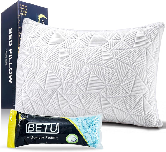 BETU Cooling Pillow Queen Size, Shredded Memory Foam Cool Pillow for Hot Sleepers, Adjustable Firm Soft Support Bed Pillows Perfect for Back Neck Pain and Side Sleeping with Pillow Case Cover, White