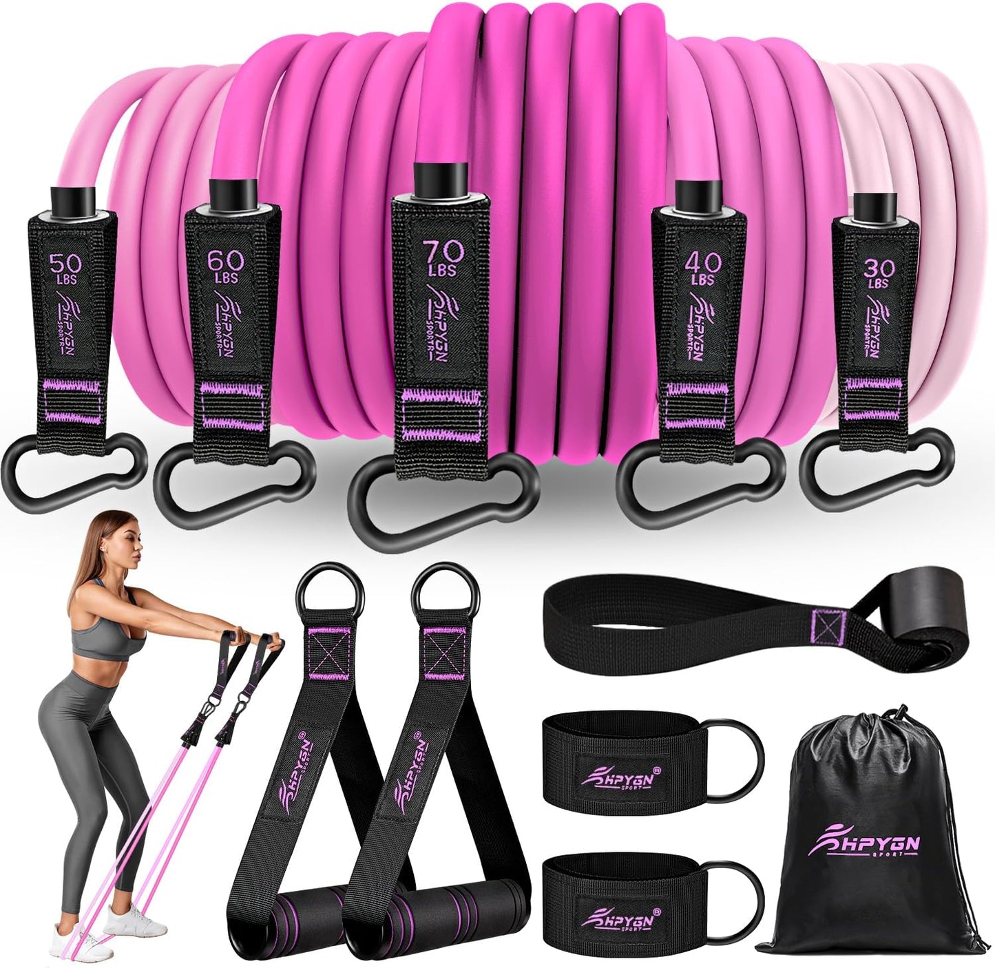 HPYGN Resistance Bands, Exercise Bands with Handles, Fitness Bands, Workout Bands with Door Anchor and Ankle Straps, for Heavy Resistance Training, Physical Therapy, Shape Body, Yoga, Home Workout Set