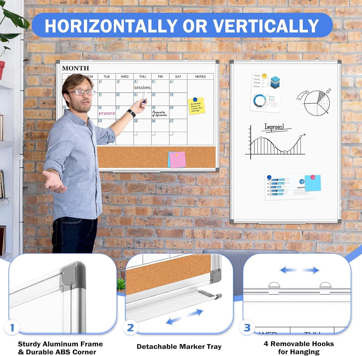 Weekly Dry Erase Calendar Whiteboard for Wall, 24" x 18" Cork Week Planner
