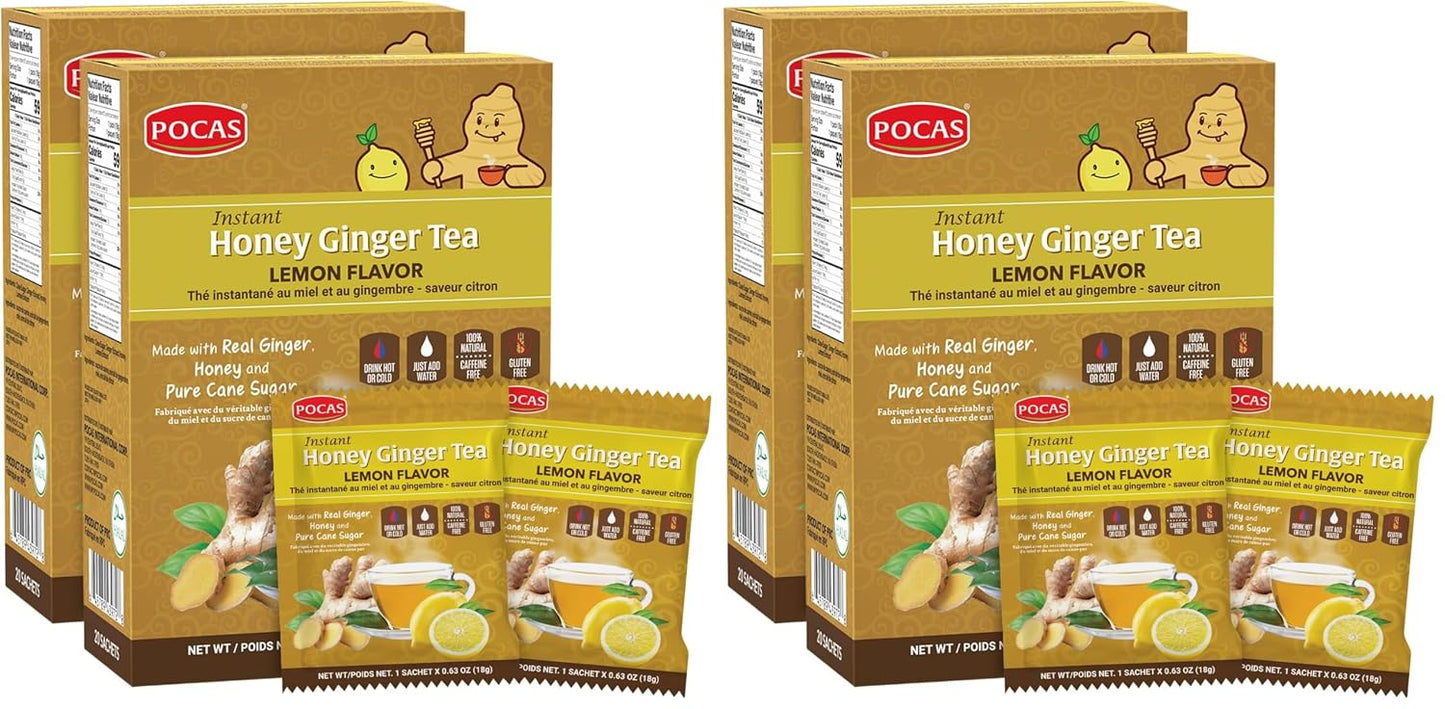 Pocas Honey Ginger Instant Tea Powder, Lemon Flavor 2-Pack, Ginger Extract & Real Honey, Caffeine-Free Tea, 20 Packets per Box