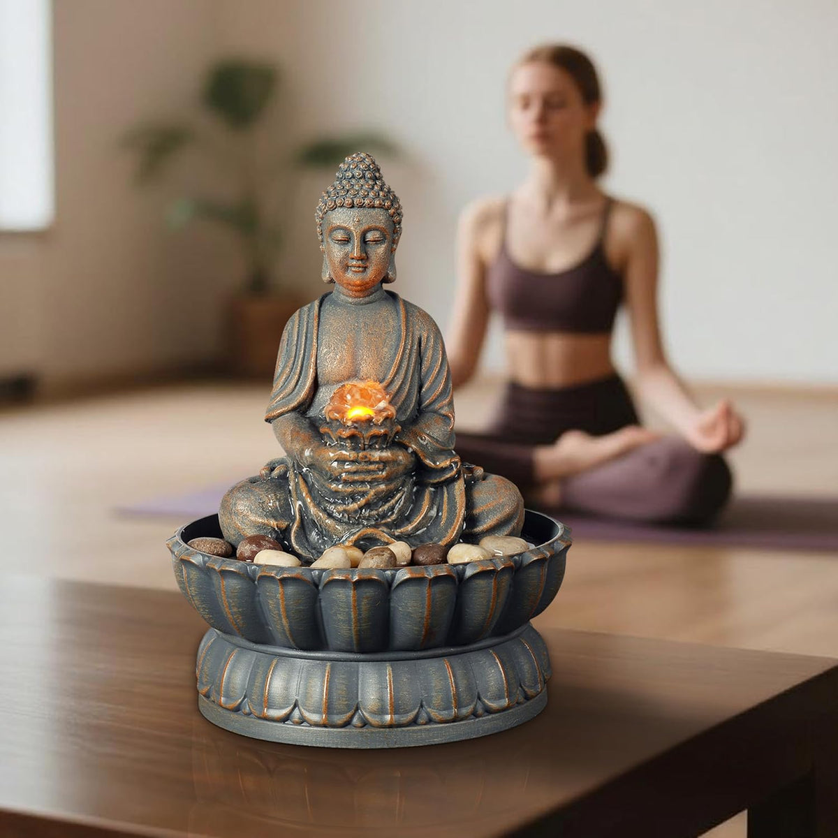 Kalona Tabletop Water Fountain with Buddha, LED Light Indoor Waterfall