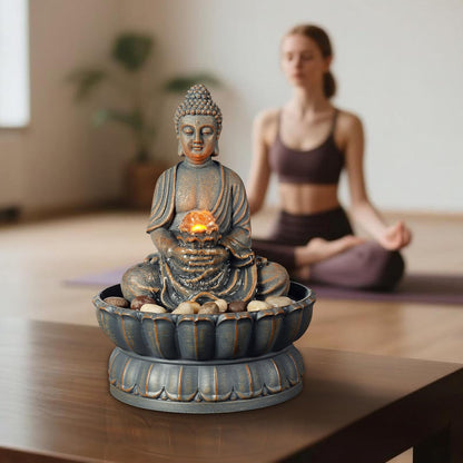 Kalona Tabletop Water Fountain with Buddha, LED Light Indoor Waterfall