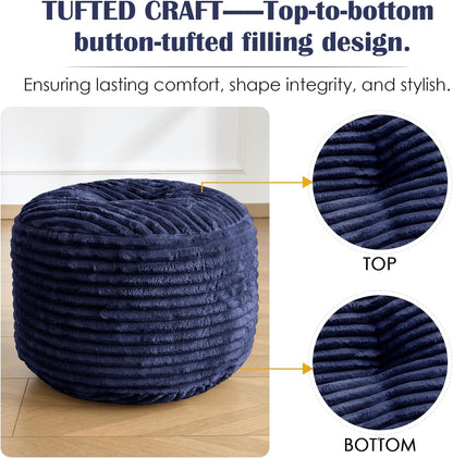 SHOUREN Stuffed Round Ottoman,Corduroy Pouf Ottoman Foot Rest with Foam Filling,Pouf Storage Ottoman Footstool for Living Room,20 X 15 Floor Poufs for Couch,Footrest Only - 20 X 15 Inches,Beige
