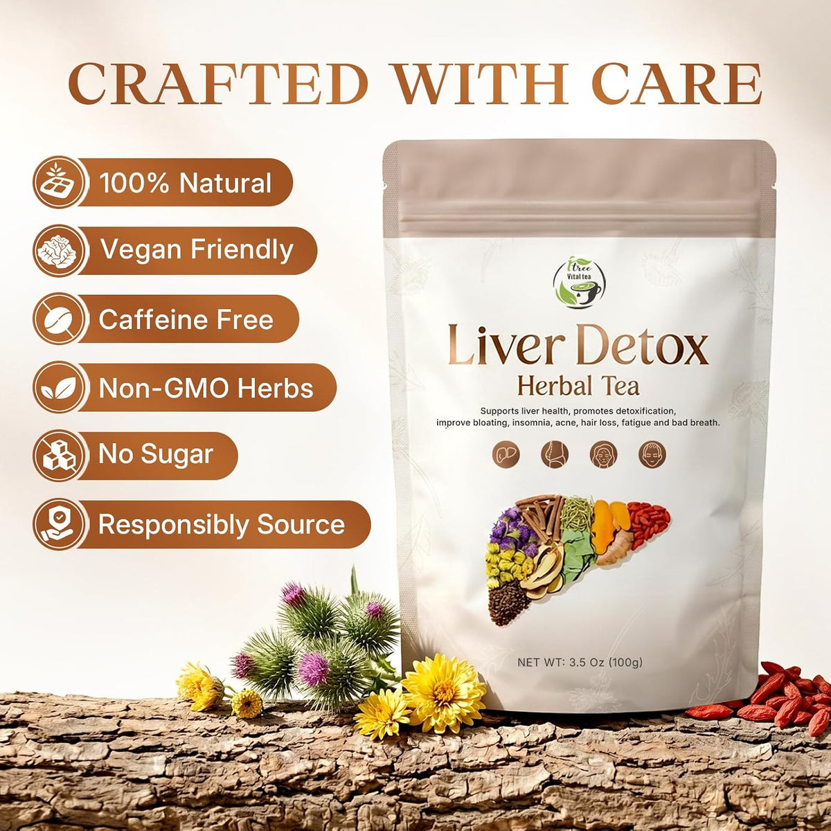 Vital Tea Liver Detox Herbal Tea, Liver Cleanse Detox Tea Blend with Milk Thistle, Dandelion Root, Chrysanthemum Natural Loose Leaf Tea for Liver Health, Caffeine-Free
