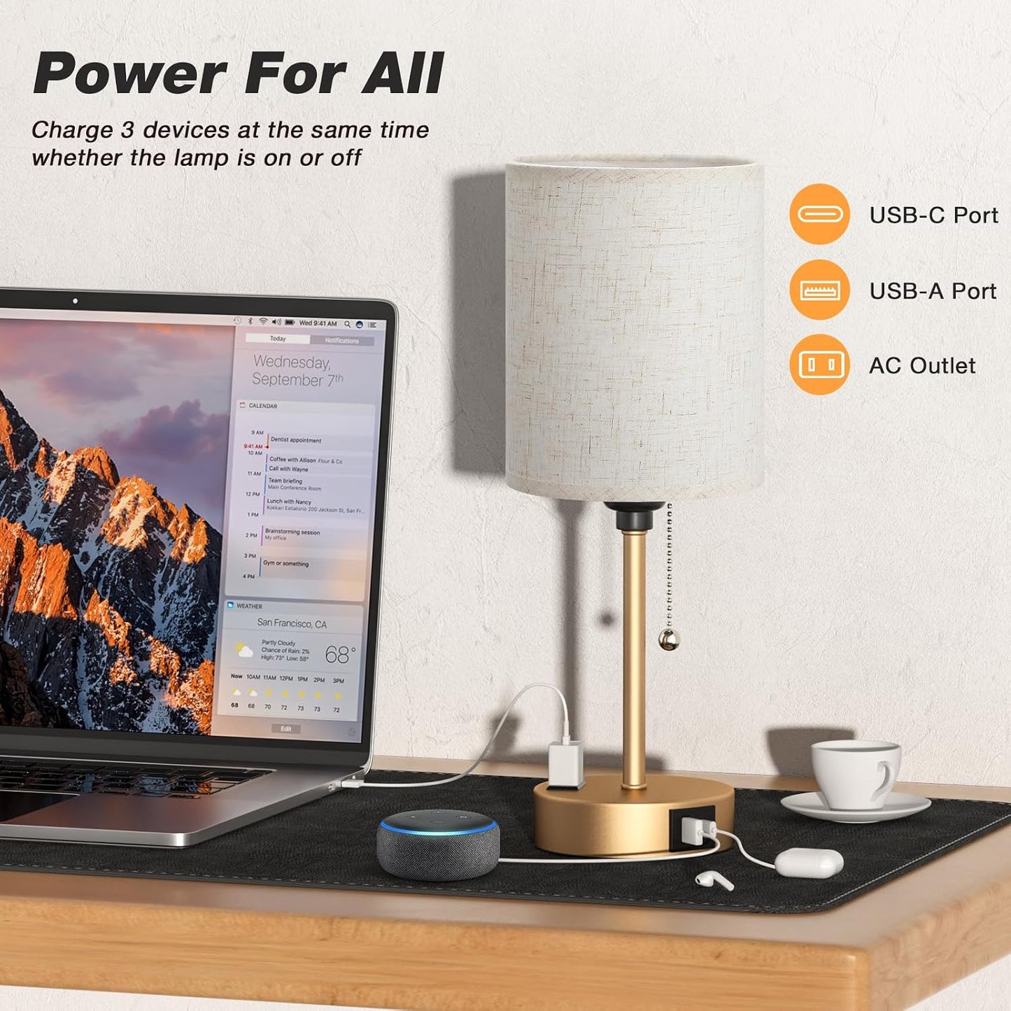 Small Bedside Table lamp for Bedroom - 3 Color Temperatures Bedside Lamps with USB C and A Ports, Pull Chain Table Lamps with AC Outlet, White Nightstand Lamps with Black Metal Base for Kids Reading