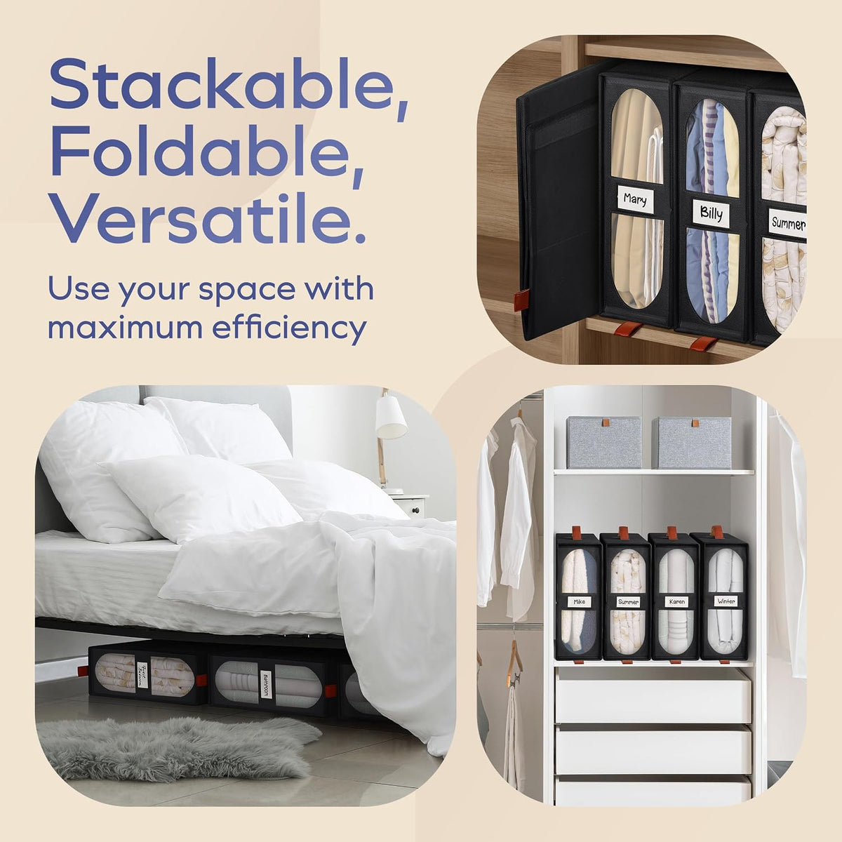 4x Bed Sheet Organizer Storage Boxes with Big See-Through Windows - Bedsheet Organizers Redesigned. Robust Bed Sheet Storage -15x13x5 in. Sheet Organizers Containers (Off-White)