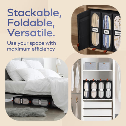 4x Bed Sheet Organizer Storage Boxes with Big See-Through Windows - Bedsheet Organizers Redesigned. Robust Bed Sheet Storage -15x13x5 in. Sheet Organizers Containers (Off-White)