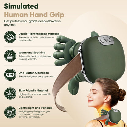 Shoulder and Neck Massager, Bionic Heated Massager, Neck Massager with Fingers, 4D Kneading Massage, Simulates a Real Palm Massage for Comfort, Relax Muscle Tension (Green)