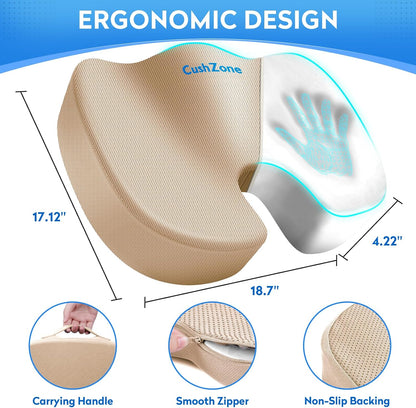 CushZone Seat Cushion - Memory Foam Office Chair Cushion for Sciatica, Tailbone & Back Pain Relief - Orthopedic Coccyx Pillow for Car, Airplane, Pregnancy & Long Sitting at Work, Black