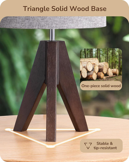 EDISHINE Tripod Table Lamp, Small Cute Bedside Lamp with Linen Beige Lampshade, Nightstand Lamp for Nursery, Bedroom, Kid Room, Living Room, Light Brown Wooden Base, E26 Socket, 14.2 Inch