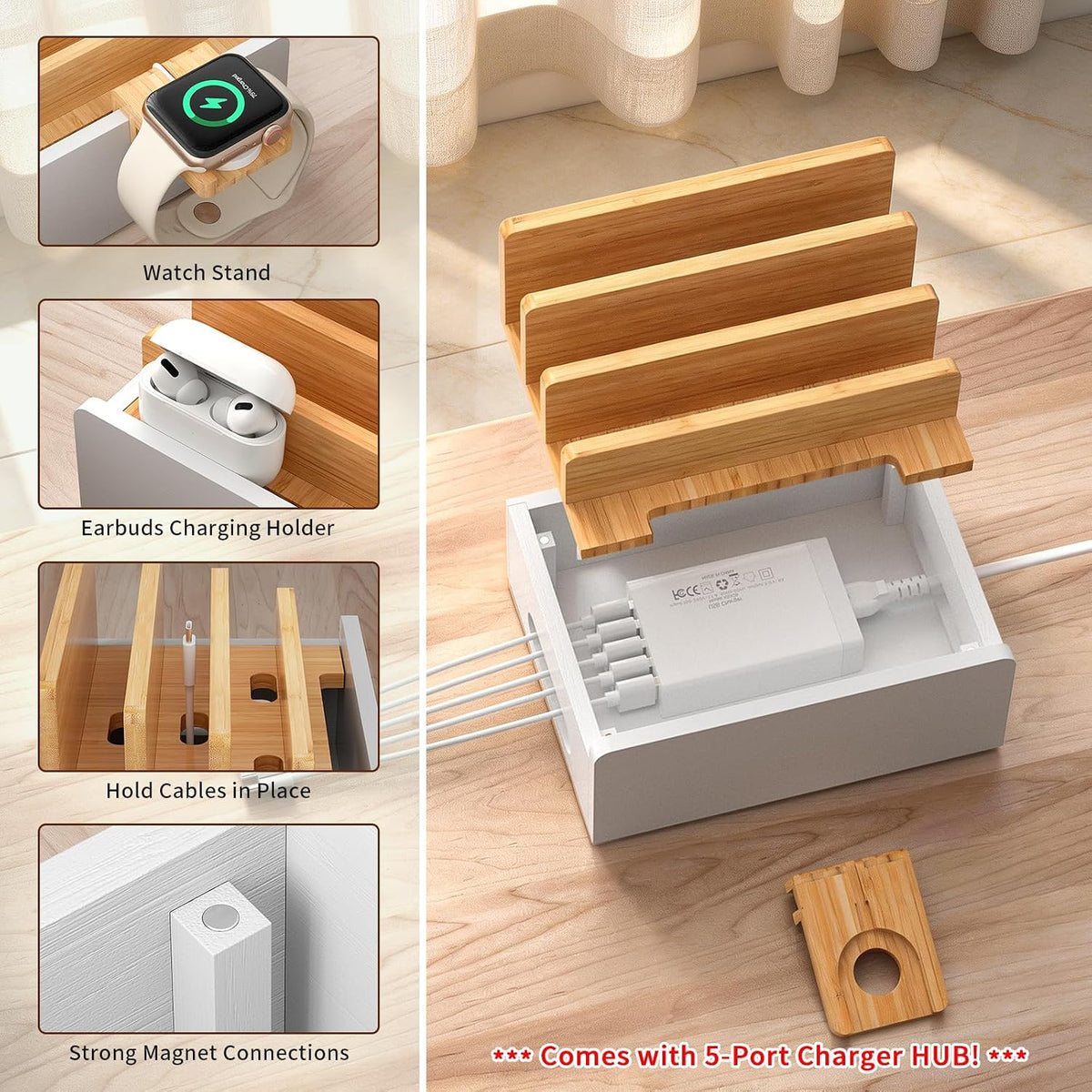 Pezin & Hulin Bamboo Charging Station with USB Charger,5Cables-Natural