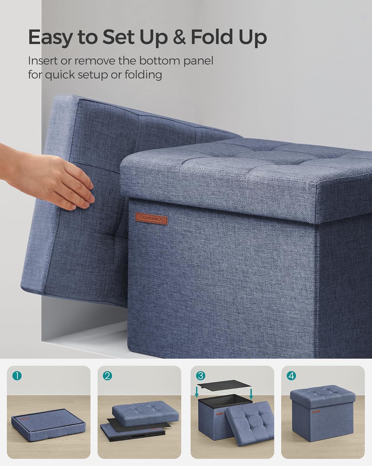 SONGMICS Mazie Collection - Small Folding Storage Ottoman, Foot Rest Stool, 12.2 x 16.1 x 12.2 Inches, 286 lb Load Capacity, for Living Room, Bedroom, Home Office, Dorm, Dark Gray ULSF102G01