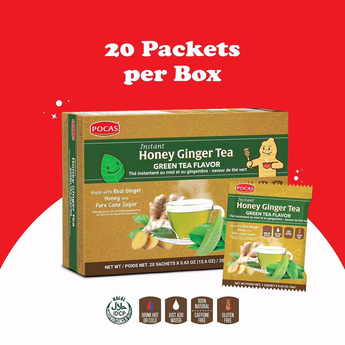 Pocas Honey Ginger Instant Tea Powder, Green Tea Flavor 2-Pack, Real Ginger Extract & Honey, 20 Packets per Box