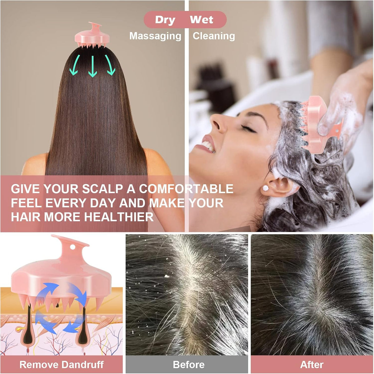 URTHEONE Soft Silicone Hair Scalp Massager Shampoo Brush for Wet Dry Oily Curly Straight Thick Thin Rough Long Short Natural Men Women Kids Pets Hair Care Tools（Pink