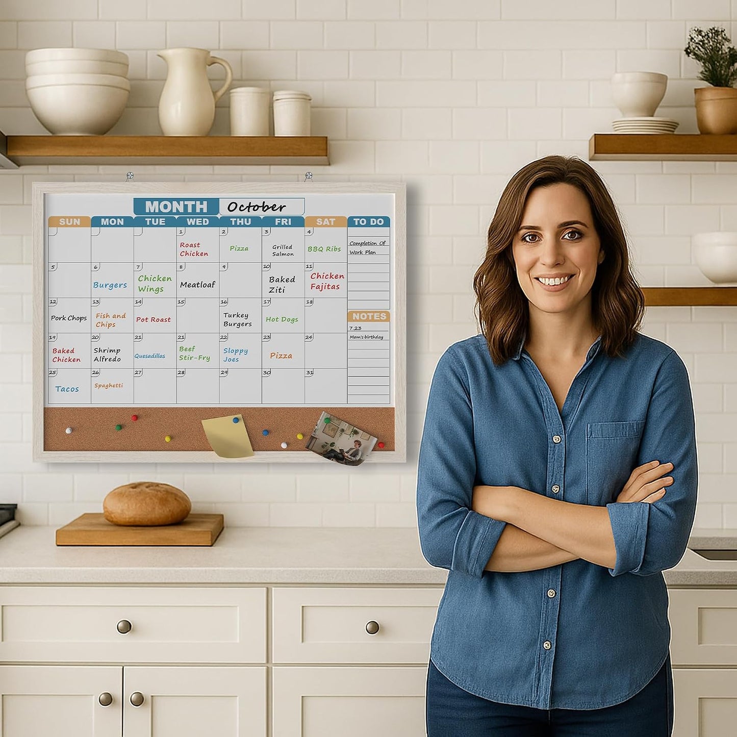 Monthly Calendar Dry Erase Board 16x12 Inch, Double-Sided Whiteboard and Corkboard Combo, Wall Mounted Planner Organizer with Markers, Magnets, Push Pins, Eraser, for Home Office School