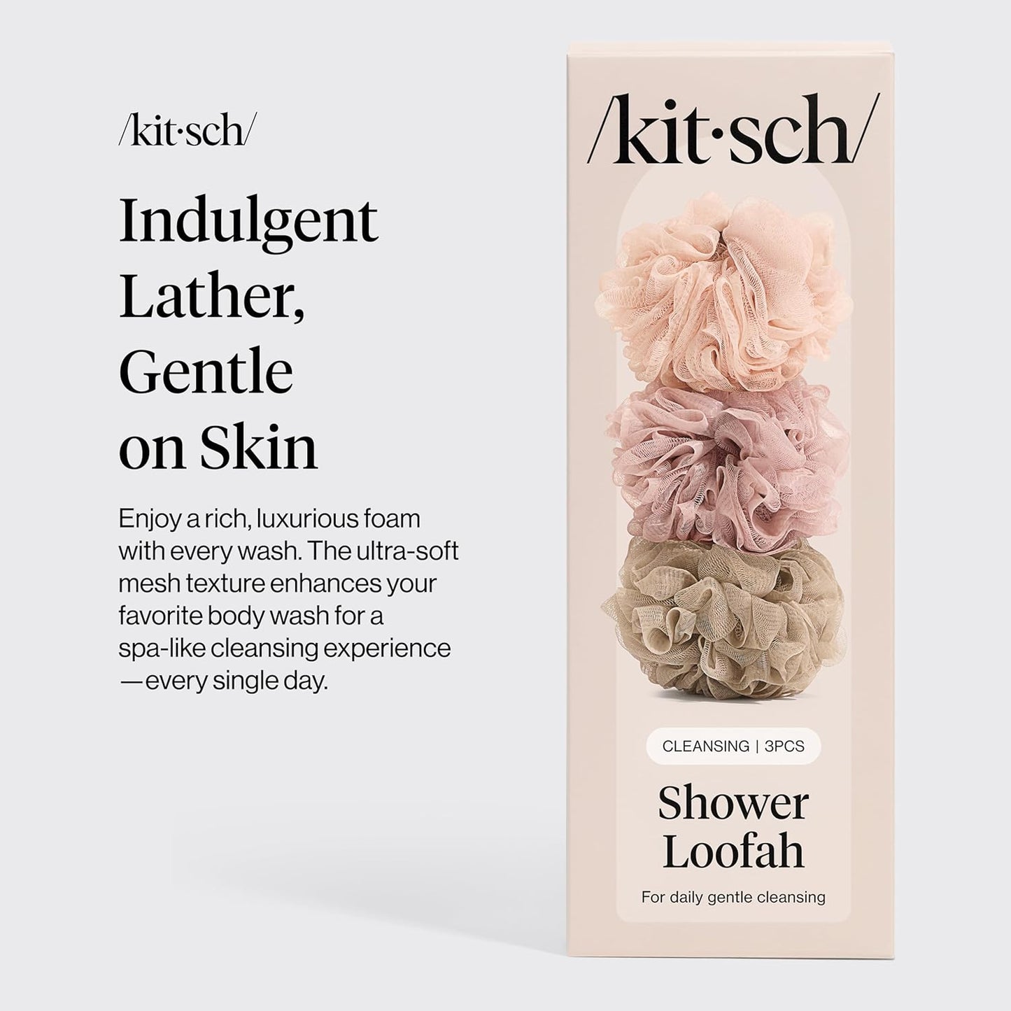 Kitsch Shower Loofah – Soft Mesh Body Scrubber & Bath Sponge for Daily Gentle Cleansing – Durable Loofah for Men and Women with Hanging Loop, Eco-Friendly, 100% PCR Material – 3pc Set, Ballet