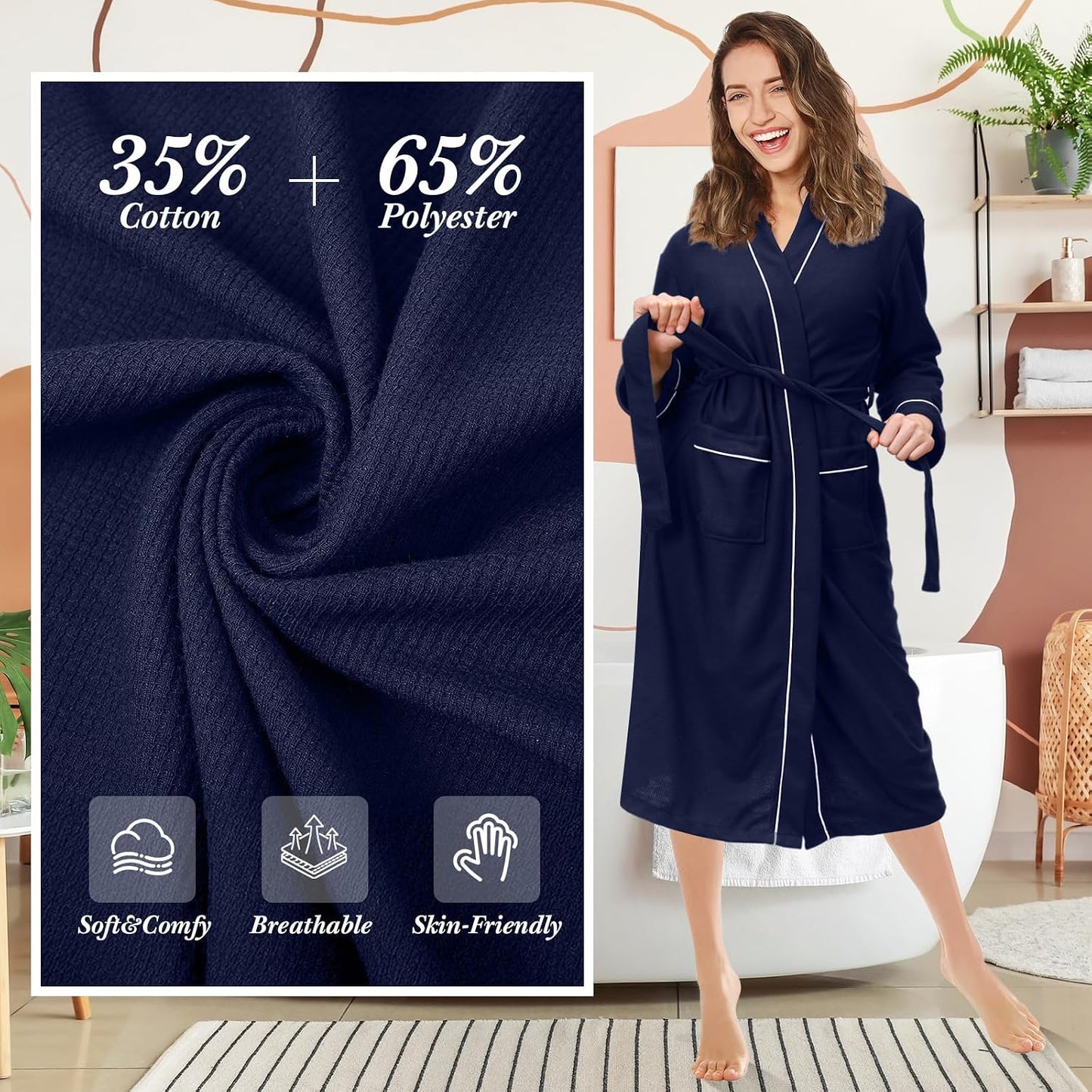 Cuffbow Cotton Robe for Women or Men Lightweight Waffle Knit Bathrobe Couple V Neck Spa Sleepwear(just 1 Set)