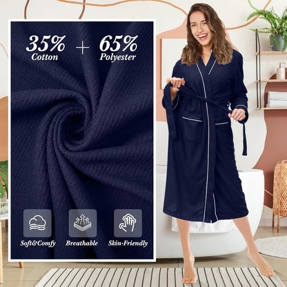 Cuffbow Cotton Robe for Women or Men Lightweight Waffle Knit Bathrobe Couple V Neck Spa Sleepwear(just 1 Set)
