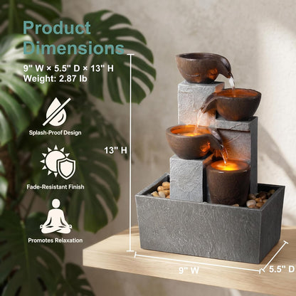 13 Inch Tabletop Water Fountain Indoor, Desktop Waterfall Fountain with LED Lights, Indoor Fountain Zen Decor for Home Office Bedroom Meditation Relaxation Desk Decor, Gift for Women and Mom
