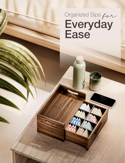 TINAMO Acacia Wooden Tea Box Organizer with Drawer for Tea & Coffee Storage