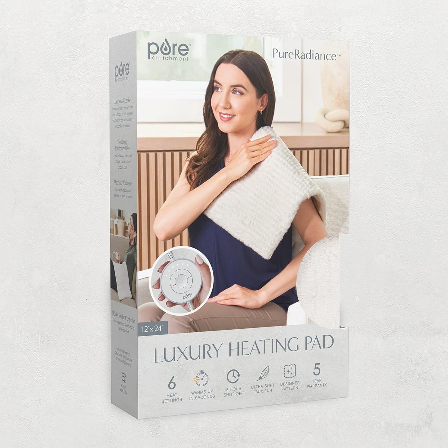 Pure Enrichment PureRadiance Luxury Heating Pad for Cramps, Back, Neck, & Shoulder Pain Relief, Patented Design, Soft Faux Fur & Micromink, 6 Heat Settings, Machine Washable, 12”x24” (Golden Sands)
