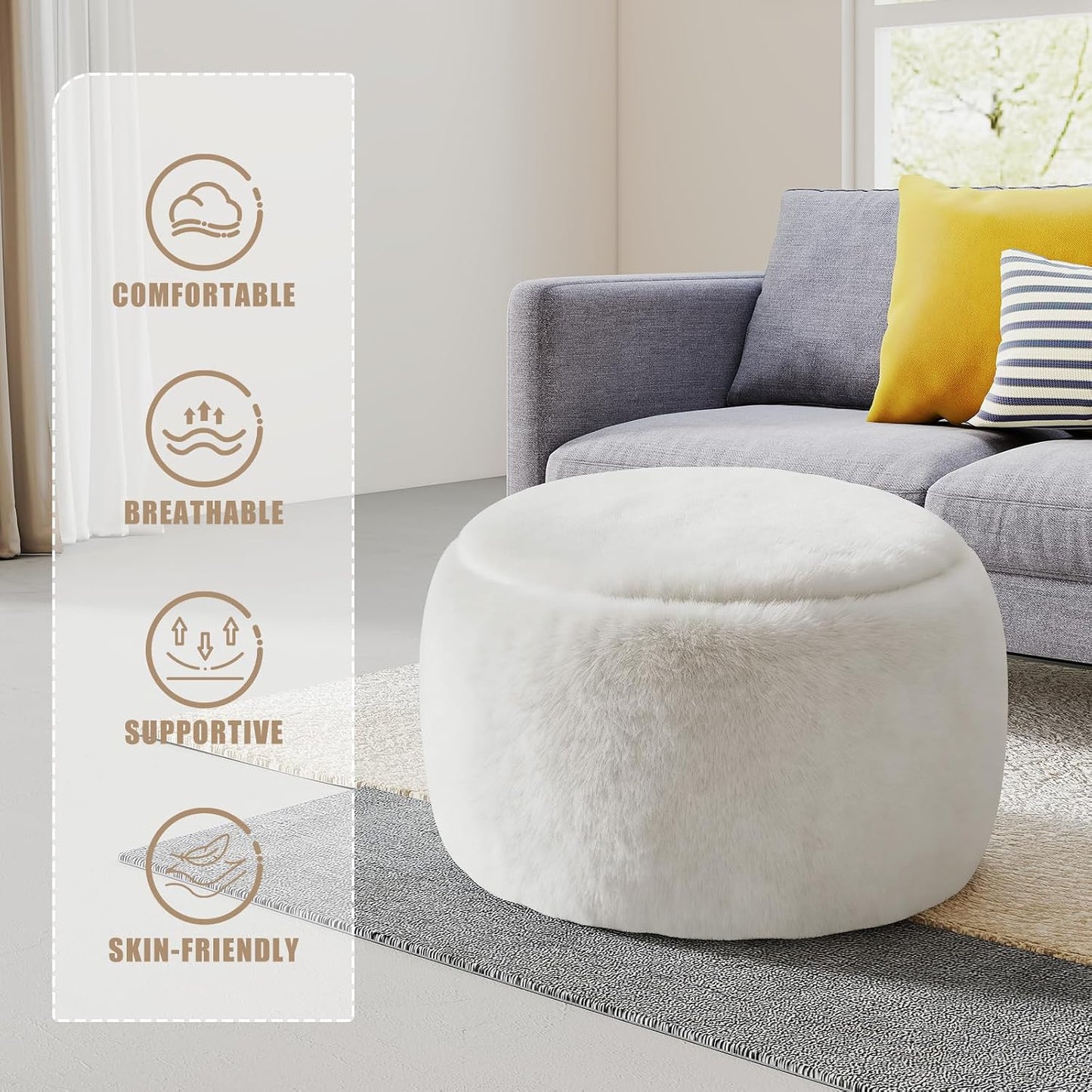 Round Stuffed Pouf Ottoman Foot Rest, Faux Fur Poufs with Memory Foam Filling, Ottomans for Living Room, Nursery, Dorm, Soft Foot Stool Ottoman for Couch, Perfect for Resting Your Feet (Grey, 20 Inch)