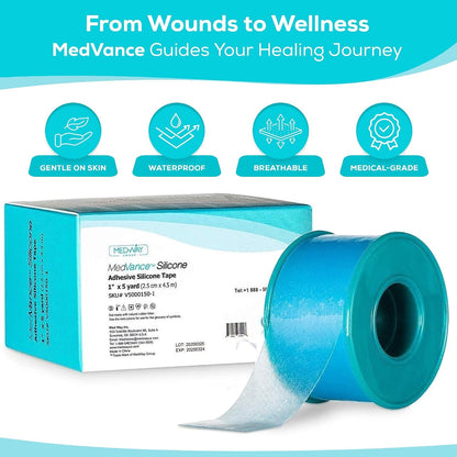 MedVance Silicone Tape Medical, Perforated Surgical Tape Sensitive Skin, Waterproof Tape for Skin, Medical Tape for Wound Care, Eyelash Tape, Gentle Skin Tape, 1" Width (1 Pack, 180 Inches)