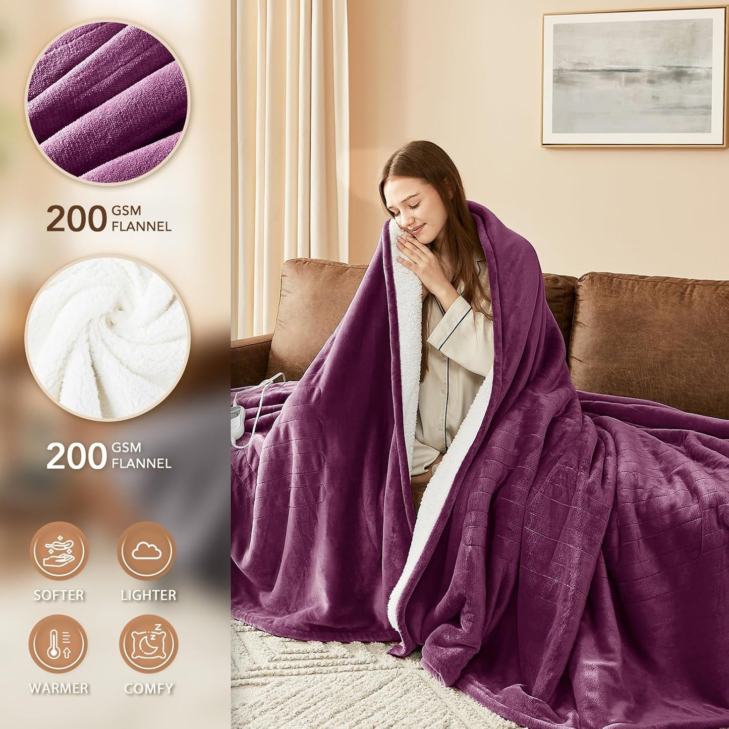 Homemate Electric Heated Blanket Twin - 62"x84" Heating Bed Blankets Throw with 10 Heating Levels 8 Hours Auto Off Fast Heating Over-Heated Protection Ultra Soft Warm Flannel ETL Certified Grey - Colors A